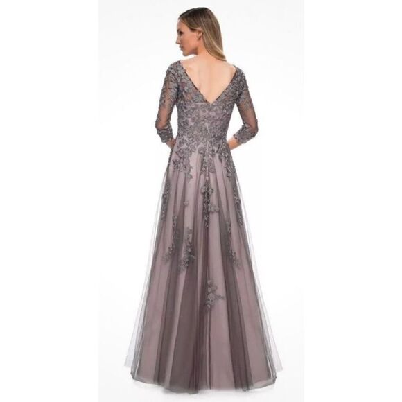 La Femme 29205 Floral Embroidered A-line Gown in Pink & Gray NWOT Size 2 - Picture 2 of 7